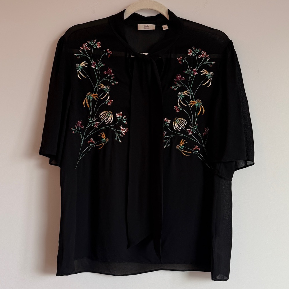 Little Moon Black Floral Embroidered Tie-Neck Blouse